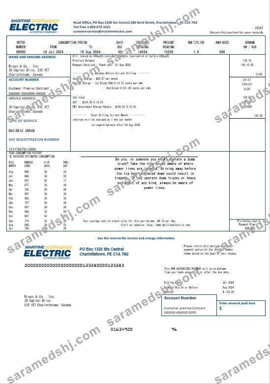 Canada Maritime Electric business utility bill template in Word and pdf format